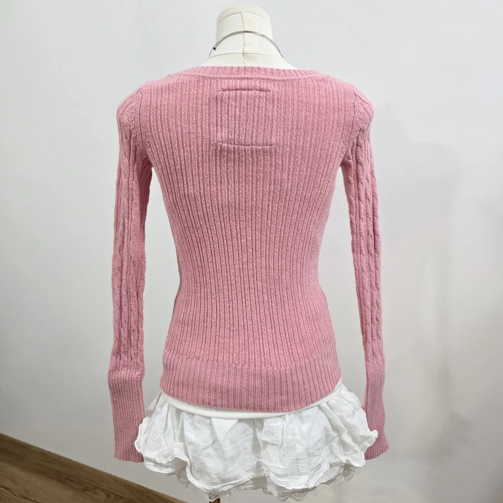 Abercrombie Vintage Strawberry Knit Pink Vneck Long Sleeve Pullover Sweater - Picture 3 of 6